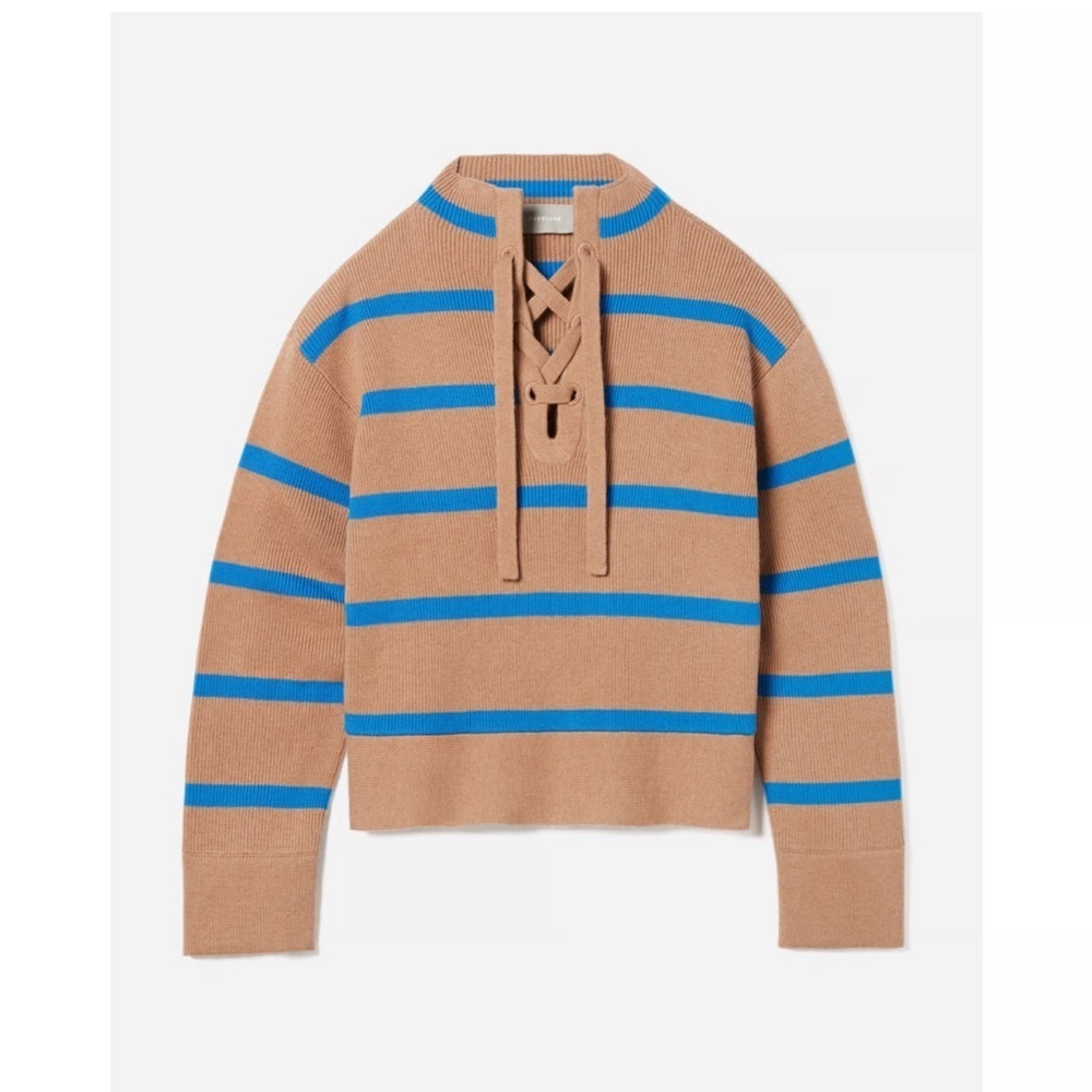 Everlane Lace Up Smock sweater brown blue striped wool and organic cotton XXS